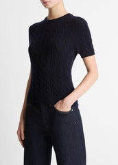 Cable-Knit Wool & Cashmere-Blend Short-Sleeve Sweater in Crew Neck | Vince near me
