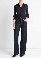 Contrast-Trim Wool & Cashmere-Blend Collared Cardigan in Cardigans | Vince on sale