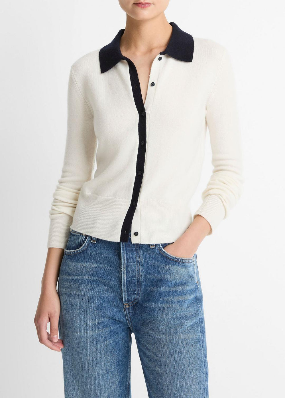 Contrast-Trim Wool & Cashmere-Blend Collared Cardigan in Cardigans | Vince outlet