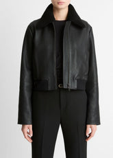 Shearling-Trim Shrunken Leather Jacket in Leather Jackets | Vince near me