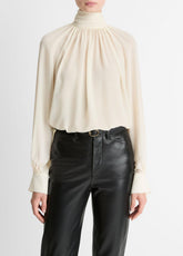 Gathered Draped-Neck Crepe Blouse in Long Sleeve | Vince on sale