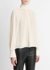 Gathered Draped-Neck Crepe Blouse in Long Sleeve | Vince on sale