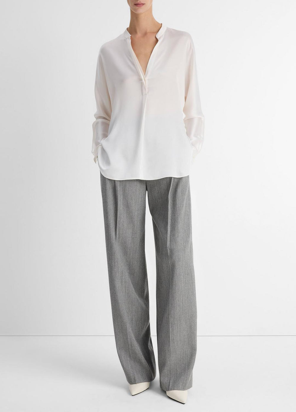 Silk Satin Band-Collar Blouse in Long Sleeve | Vince outlet