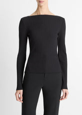 Ribbed Cotton-Blend Slash-Neck Long-Sleeve Top in Long Sleeve | Vince outlet
