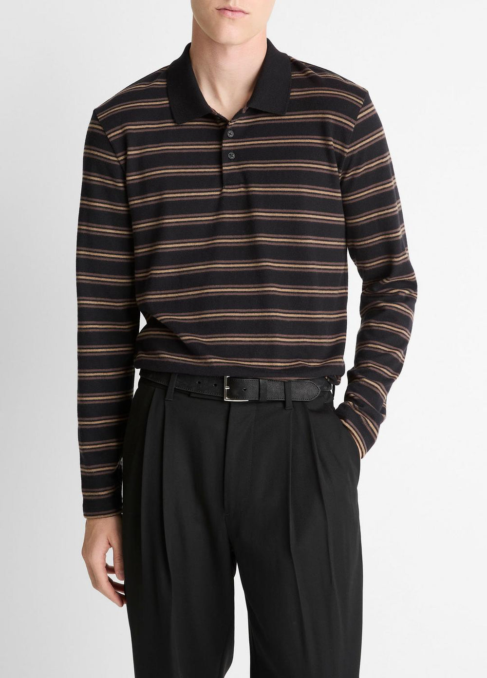 Striped Cotton-Blend Long-Sleeve Polo Shirt in Henleys & Polos | Vince US