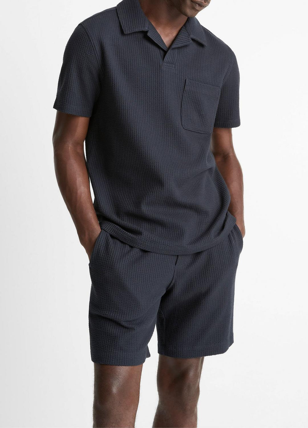 Seersucker-Knit Stretch-Cotton Short-Sleeve Johnny-Collar Shirt in Short Sleeve | Vince for sale