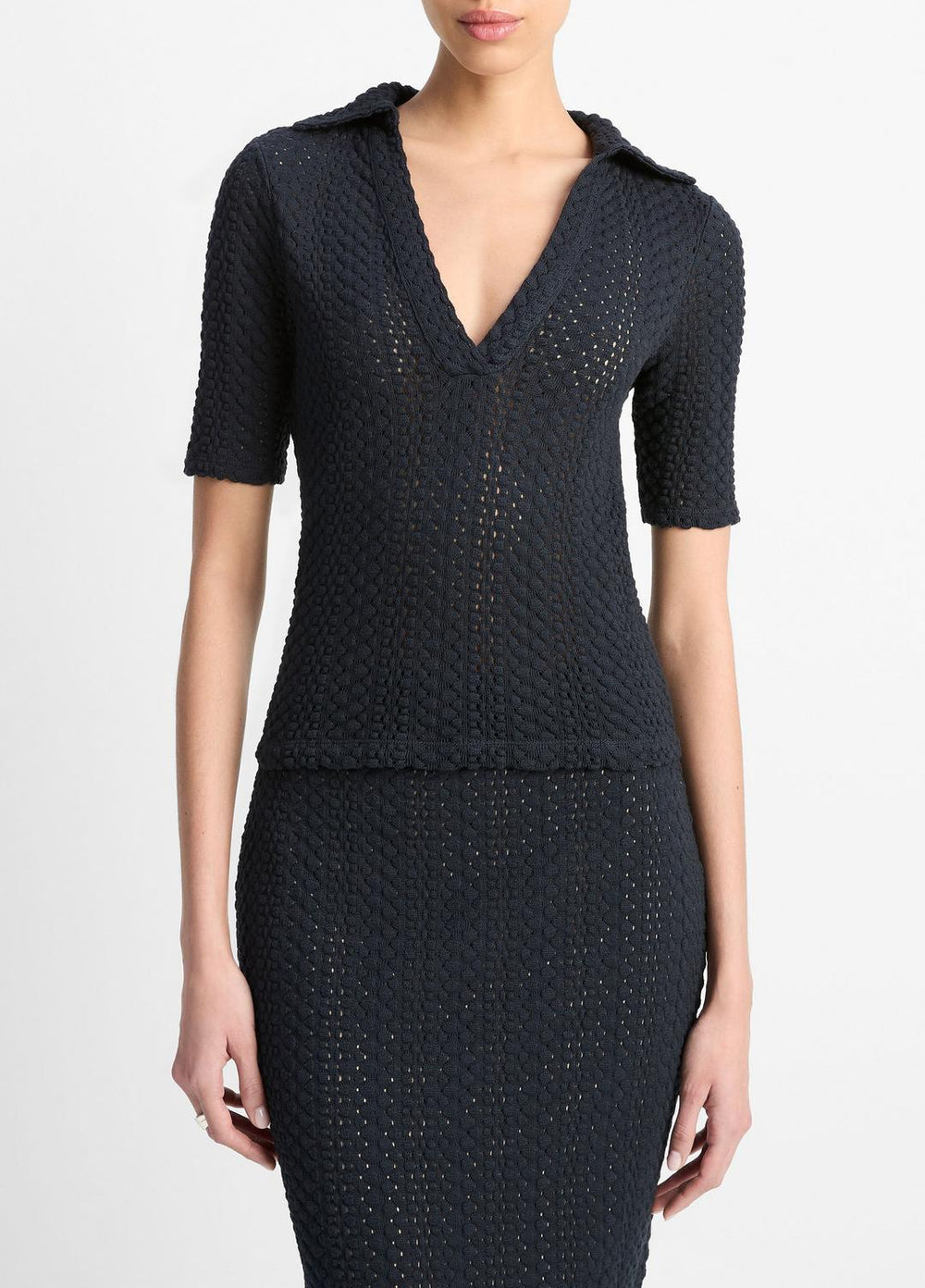 Textural Cotton Elbow-Sleeve Polo Top in Shirts & Tees | Vince near me
