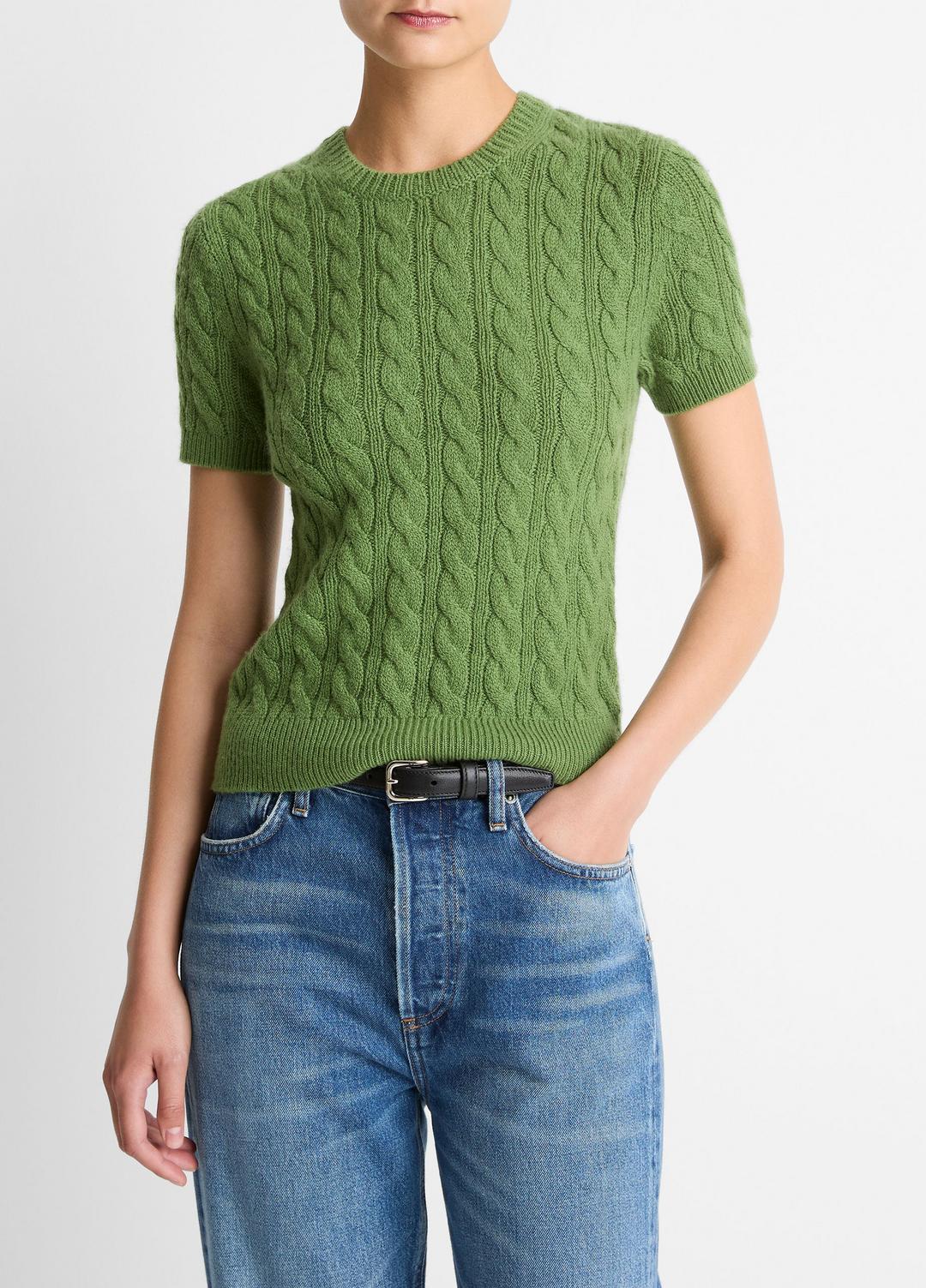 Cable-Knit Wool & Cashmere-Blend Short-Sleeve Sweater in Crew Neck | Vince Online