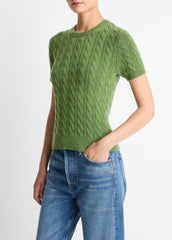 Cable-Knit Wool & Cashmere-Blend Short-Sleeve Sweater in Crew Neck | Vince Online