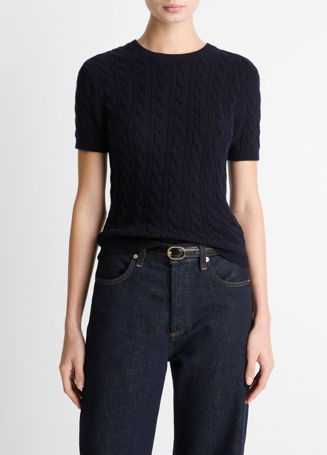 Cable-Knit Wool & Cashmere-Blend Short-Sleeve Sweater in Crew Neck | Vince near me