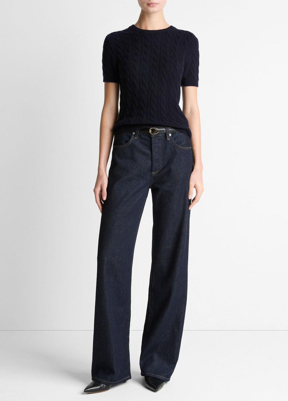 Cable-Knit Wool & Cashmere-Blend Short-Sleeve Sweater in Crew Neck | Vince near me