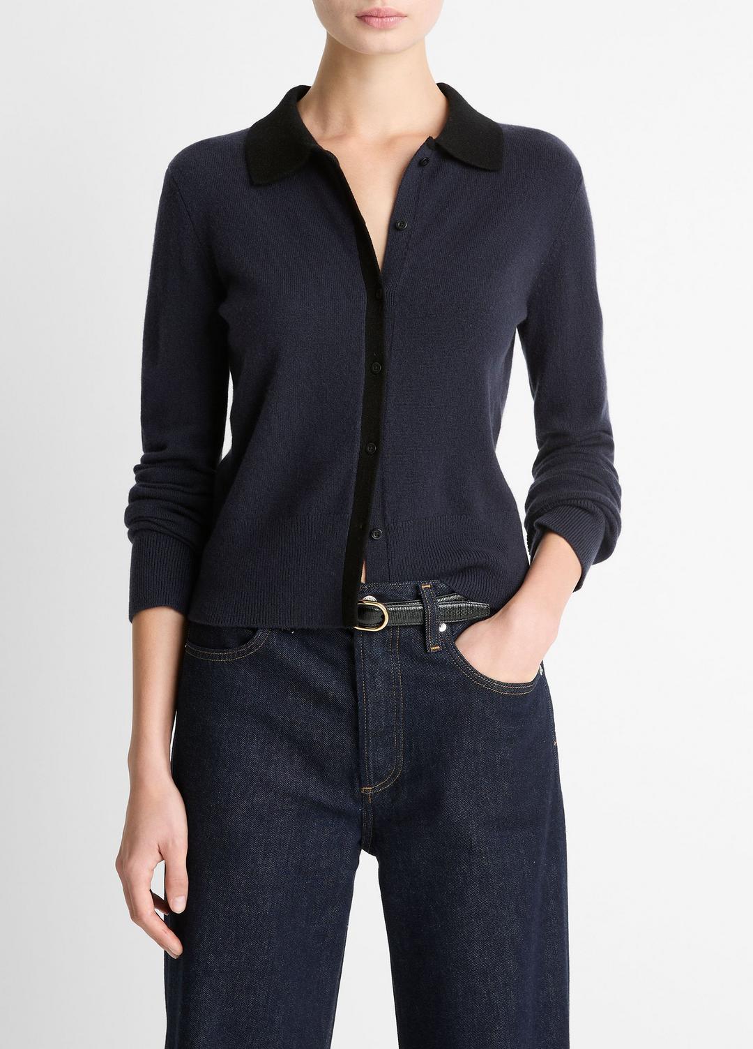 Contrast-Trim Wool & Cashmere-Blend Collared Cardigan in Cardigans | Vince on sale