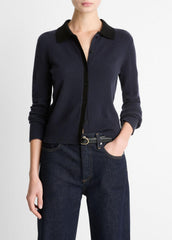 Contrast-Trim Wool & Cashmere-Blend Collared Cardigan in Cardigans | Vince on sale