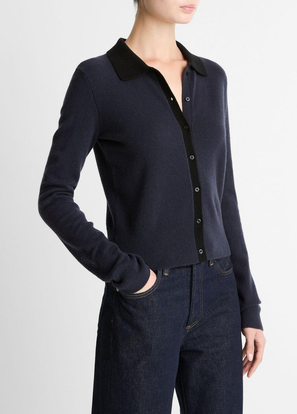 Contrast-Trim Wool & Cashmere-Blend Collared Cardigan in Cardigans | Vince on sale