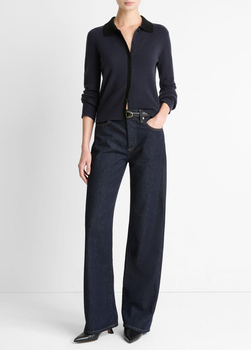 Contrast-Trim Wool & Cashmere-Blend Collared Cardigan in Cardigans | Vince on sale