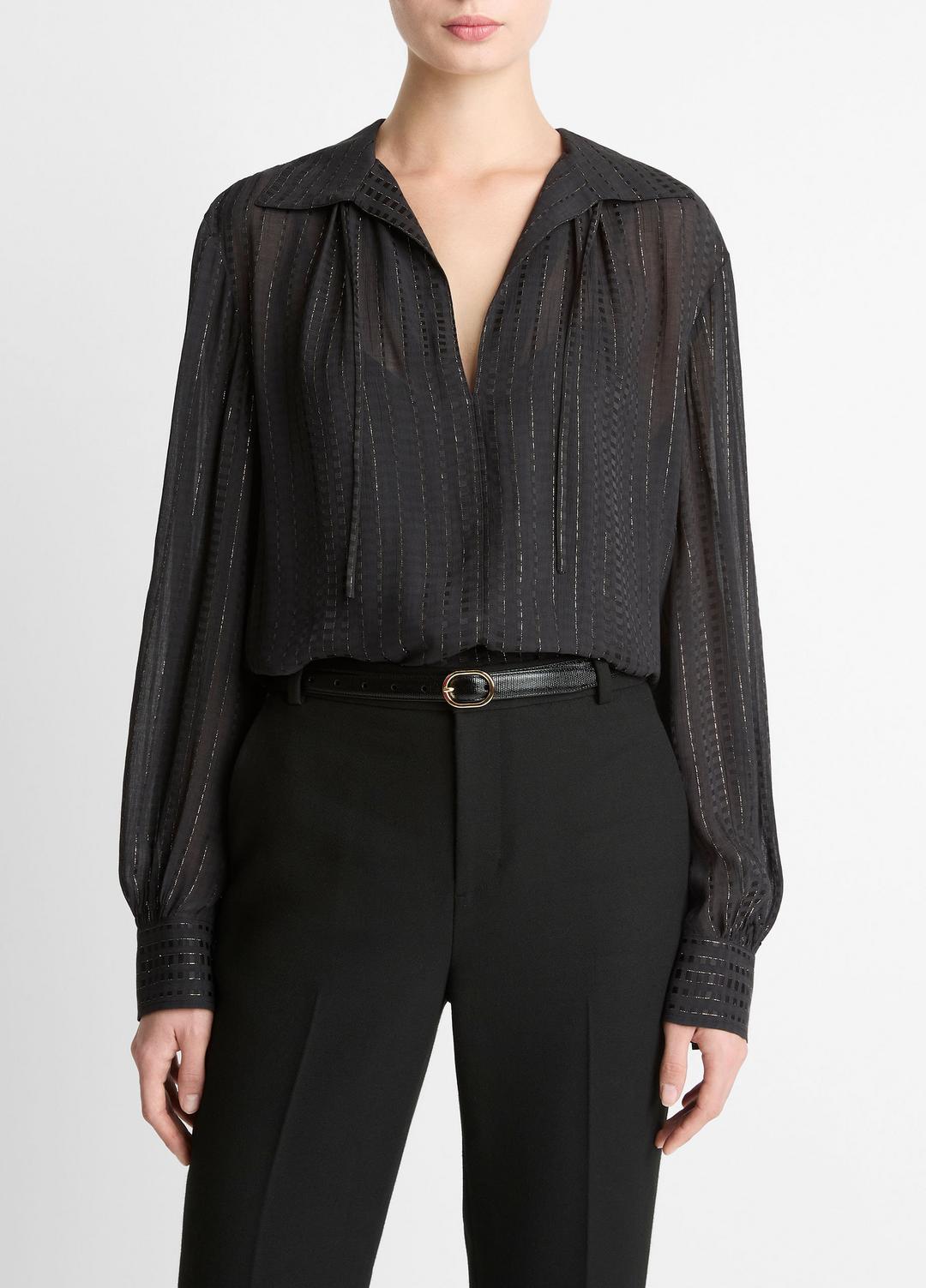 Metallic-Stripe Gathered Blouse in Long Sleeve | Vince near me