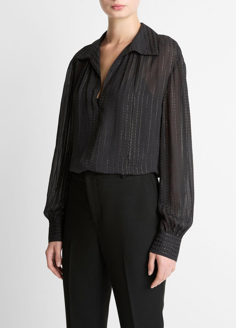 Metallic-Stripe Gathered Blouse in Long Sleeve | Vince near me