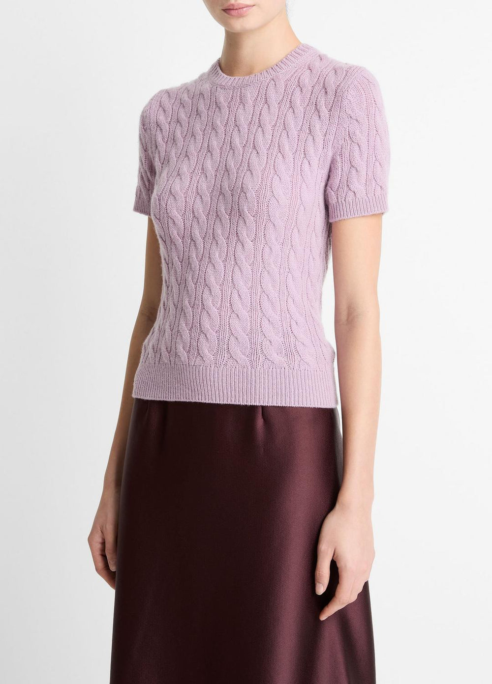 Cable-Knit Wool & Cashmere-Blend Short-Sleeve Sweater in Crew Neck | Vince US