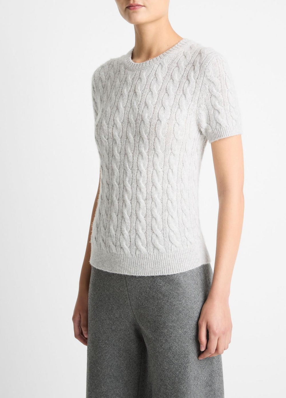 Cable-Knit Wool & Cashmere-Blend Short-Sleeve Sweater in Crew Neck | Vince US