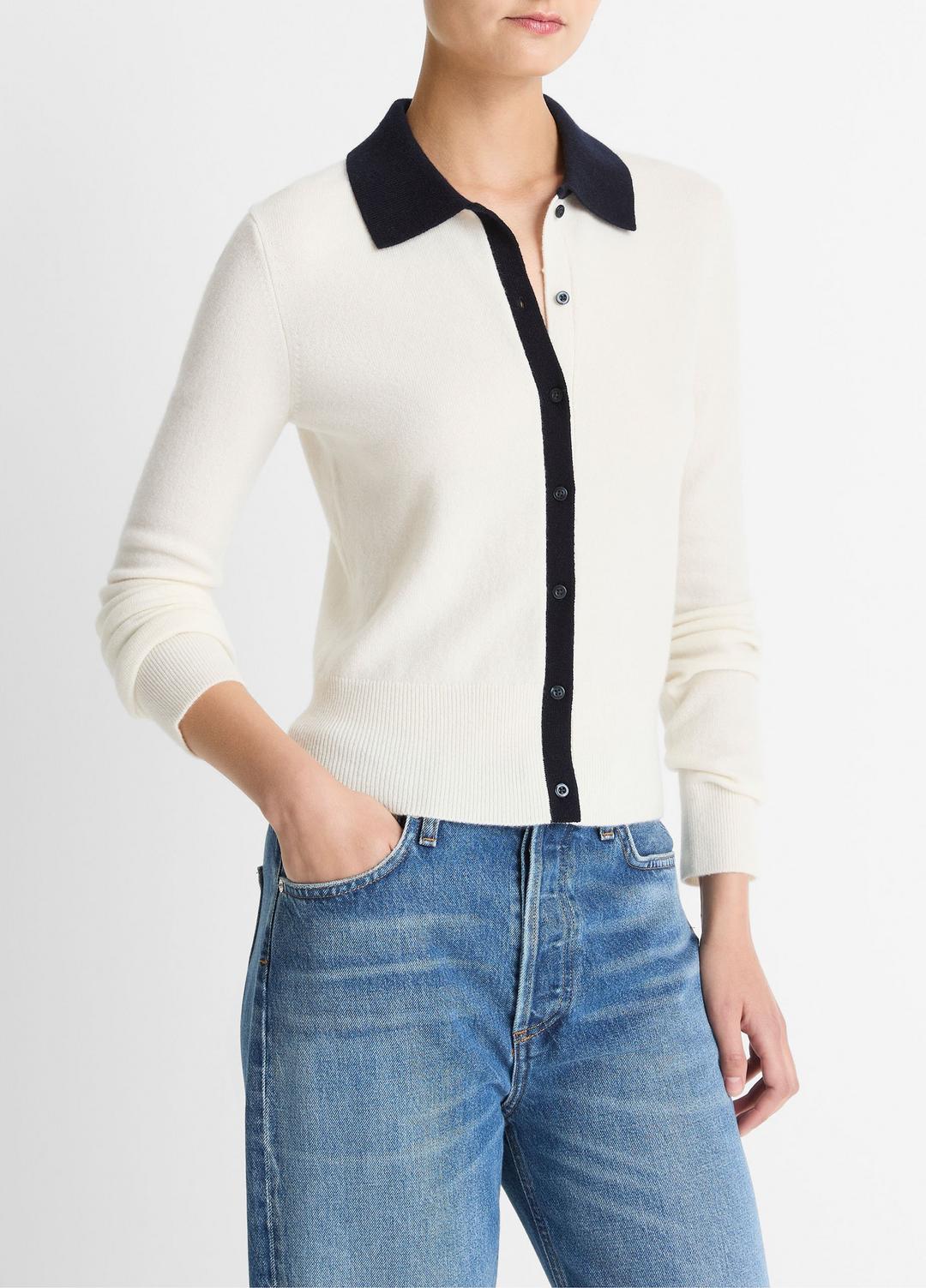 Contrast-Trim Wool & Cashmere-Blend Collared Cardigan in Cardigans | Vince outlet