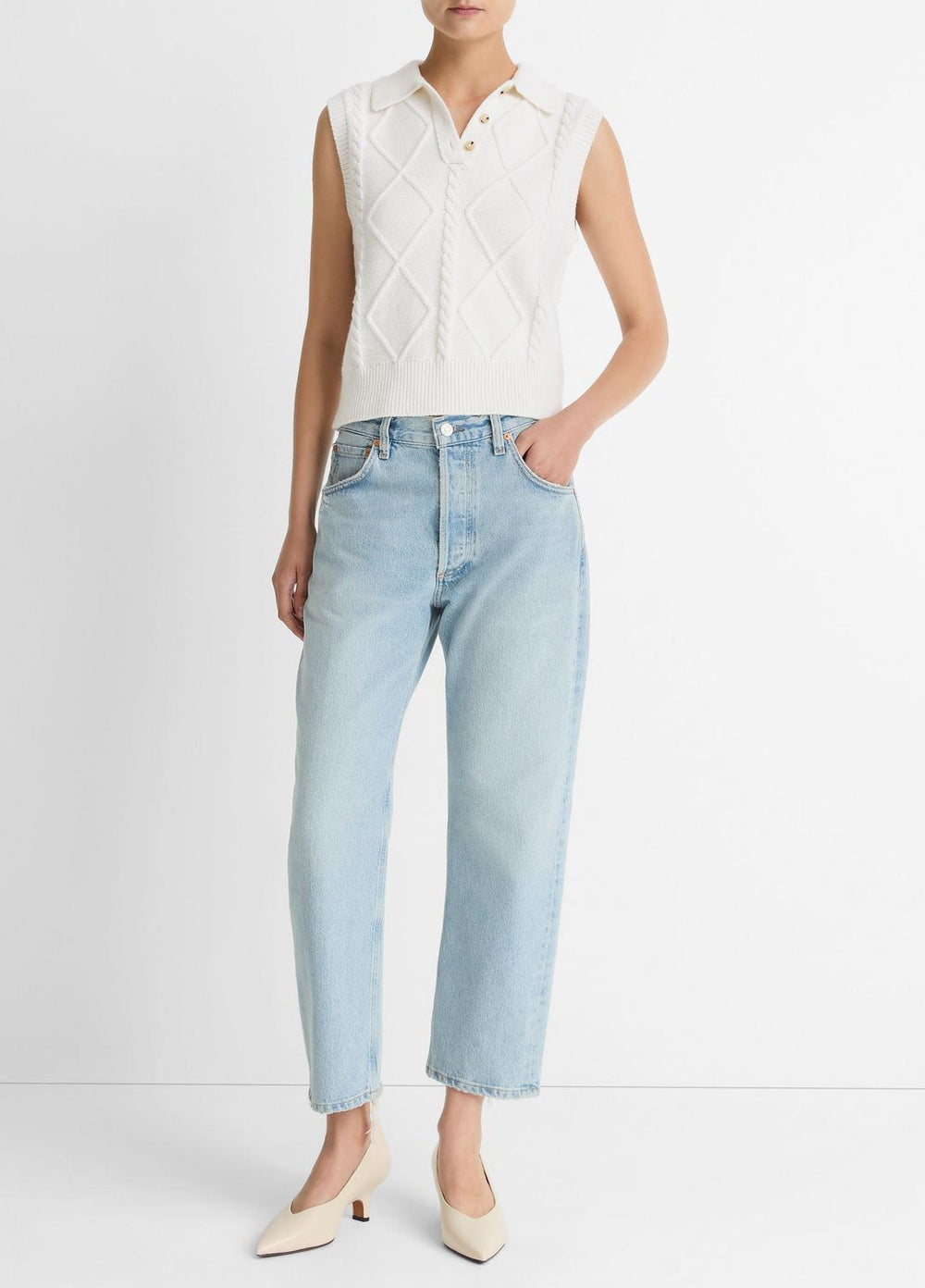 Cable-Knit Wool & Cotton-Blend Sweater Vest in V-Neck | Vince for sale