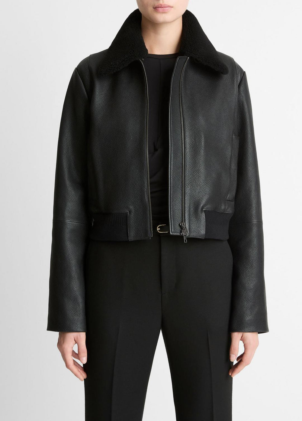 Shearling-Trim Shrunken Leather Jacket in Leather Jackets | Vince near me