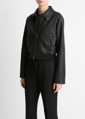 Shearling-Trim Shrunken Leather Jacket in Leather Jackets | Vince near me