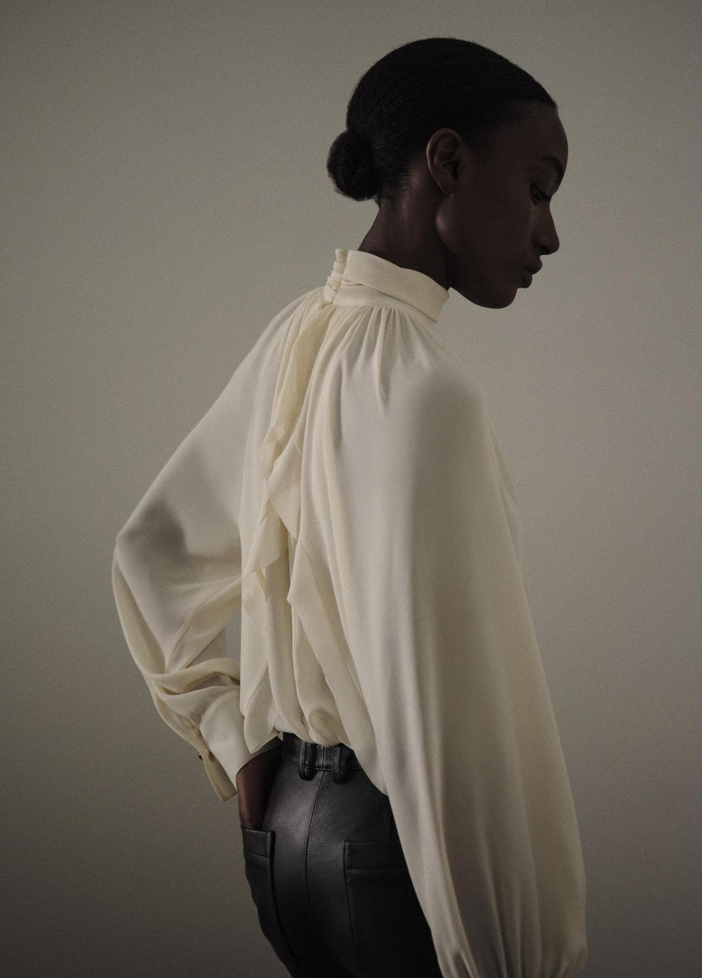 Gathered Draped-Neck Crepe Blouse in Long Sleeve | Vince on sale