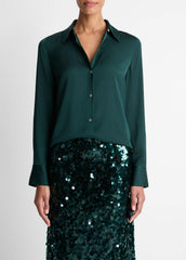 Silk-Blend Slim Button-Front Blouse in Long Sleeve | Vince US