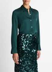 Silk-Blend Slim Button-Front Blouse in Long Sleeve | Vince US