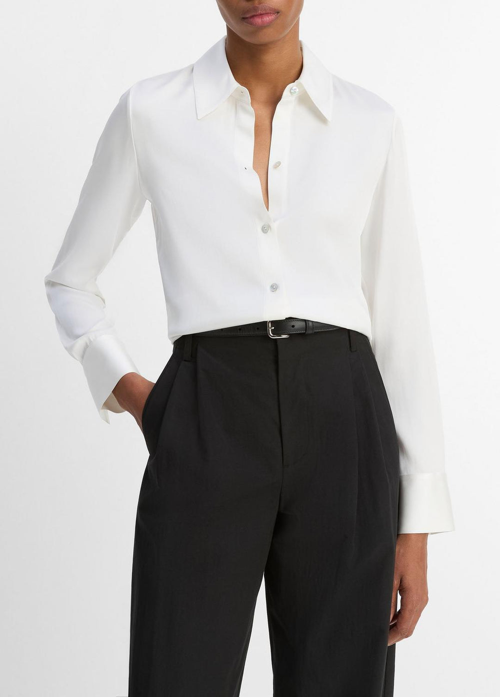 Silk-Blend Slim Button-Front Blouse in Long Sleeve | Vince Online