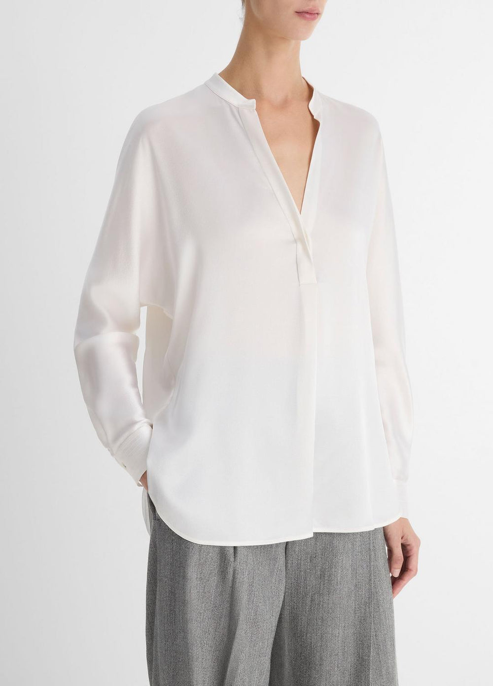 Silk Satin Band-Collar Blouse in Long Sleeve | Vince outlet
