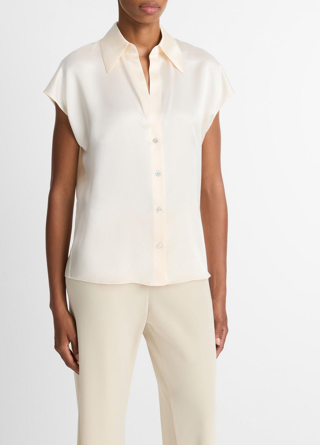 Silk Cap-Sleeve Ruched-Back Blouse in Short Sleeve | Vince US