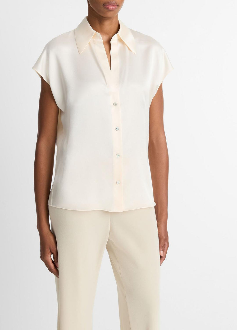 Silk Cap-Sleeve Ruched-Back Blouse in Short Sleeve | Vince US