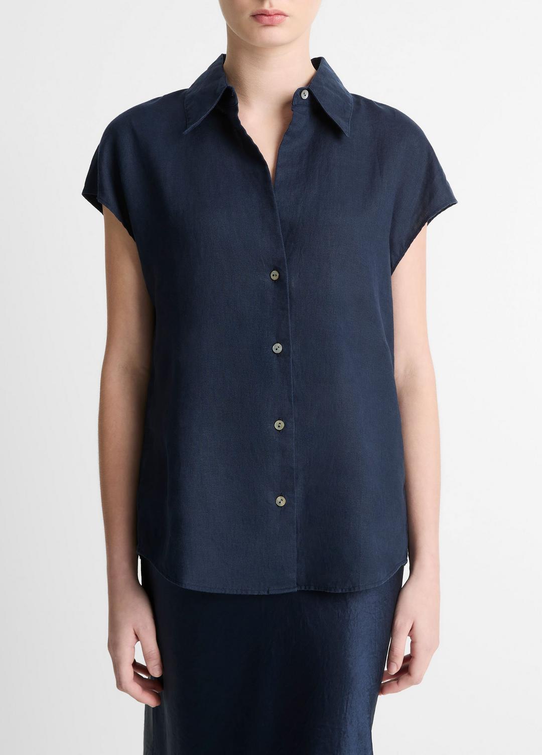 Linen Cap-Sleeve Button-Front Blouse in Short Sleeve | Vince Online