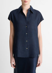 Linen Cap-Sleeve Button-Front Blouse in Short Sleeve | Vince Online