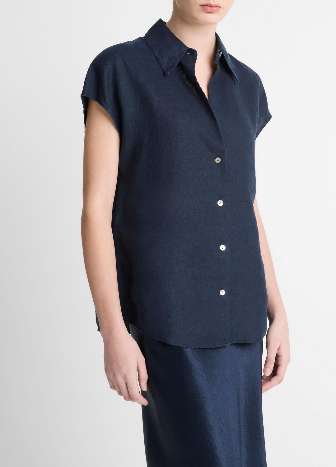 Linen Cap-Sleeve Button-Front Blouse in Short Sleeve | Vince Online