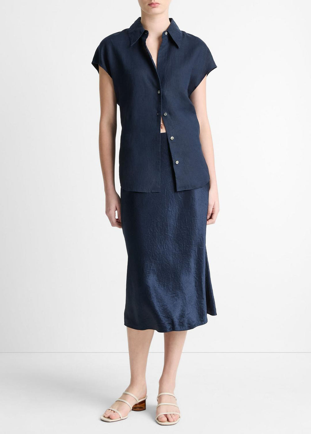 Linen Cap-Sleeve Button-Front Blouse in Short Sleeve | Vince Online