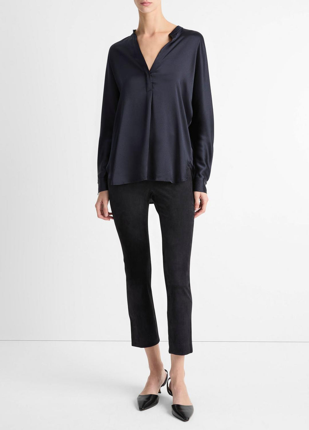 Silk Satin Band-Collar Blouse in Long Sleeve | Vince Online