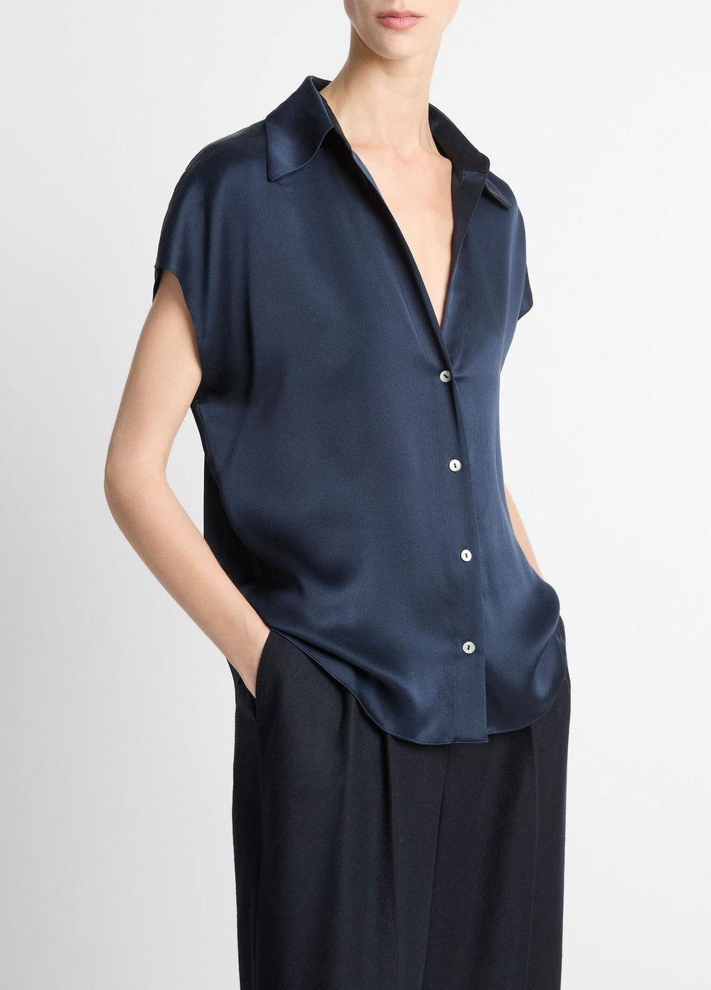 Silk Cap-Sleeve Ruched-Back Blouse in Short Sleeve | Vince discount
