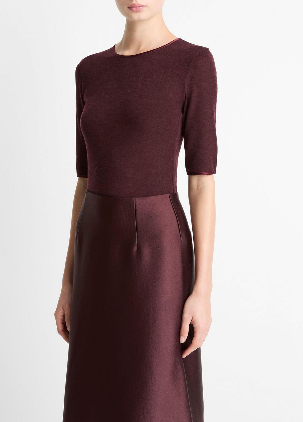Satin-Trim Wool Elbow-Sleeve T-Shirt in Short Sleeve | Vince for sale