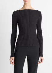 Ribbed Cotton-Blend Slash-Neck Long-Sleeve Top in Long Sleeve | Vince outlet