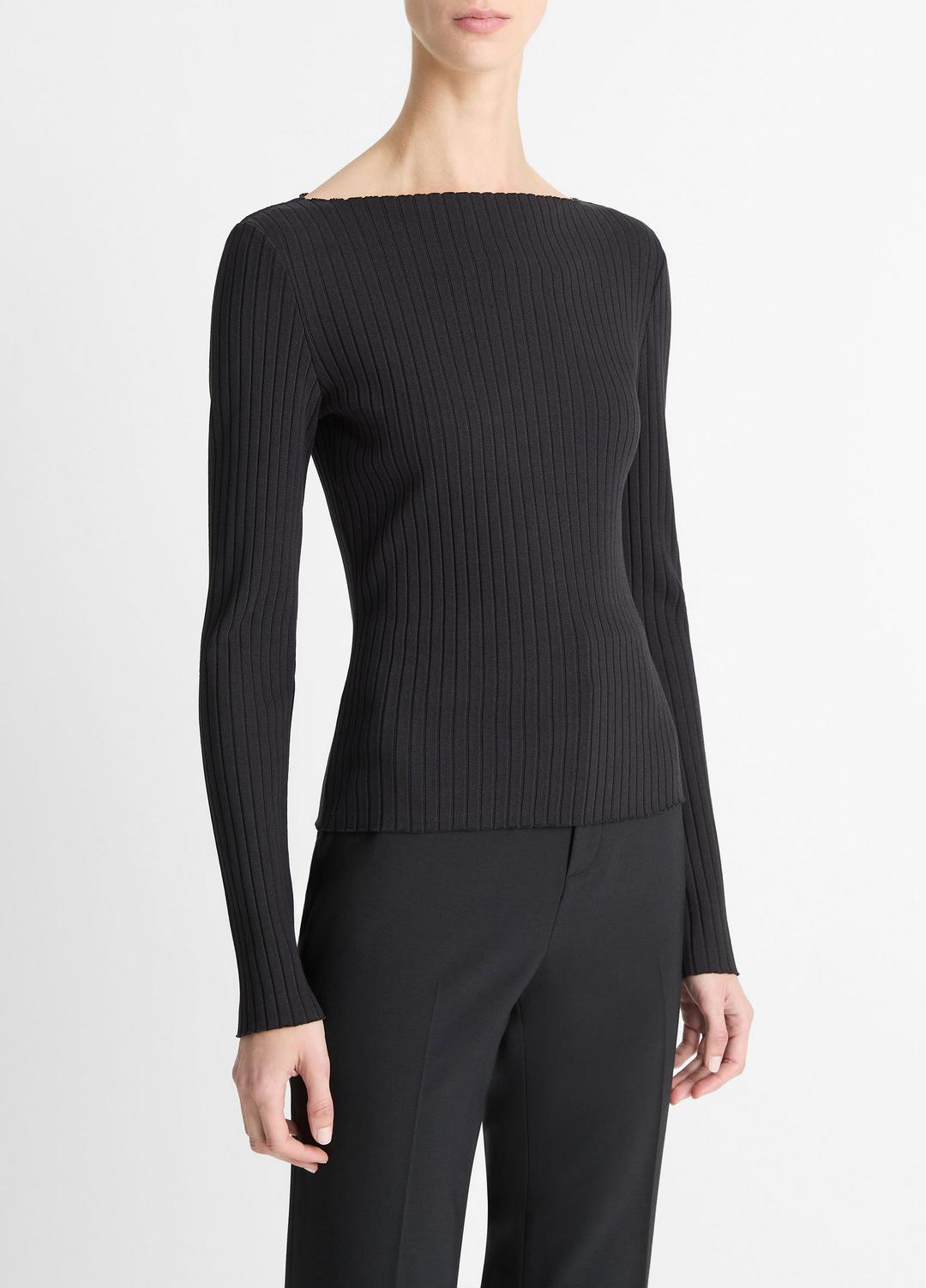 Ribbed Cotton-Blend Slash-Neck Long-Sleeve Top in Long Sleeve | Vince outlet