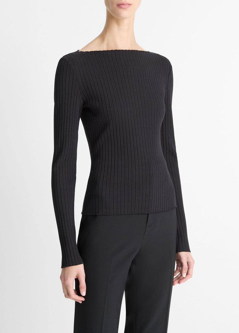Ribbed Cotton-Blend Slash-Neck Long-Sleeve Top in Long Sleeve | Vince outlet