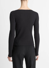 Ribbed Cotton-Blend Slash-Neck Long-Sleeve Top in Long Sleeve | Vince outlet