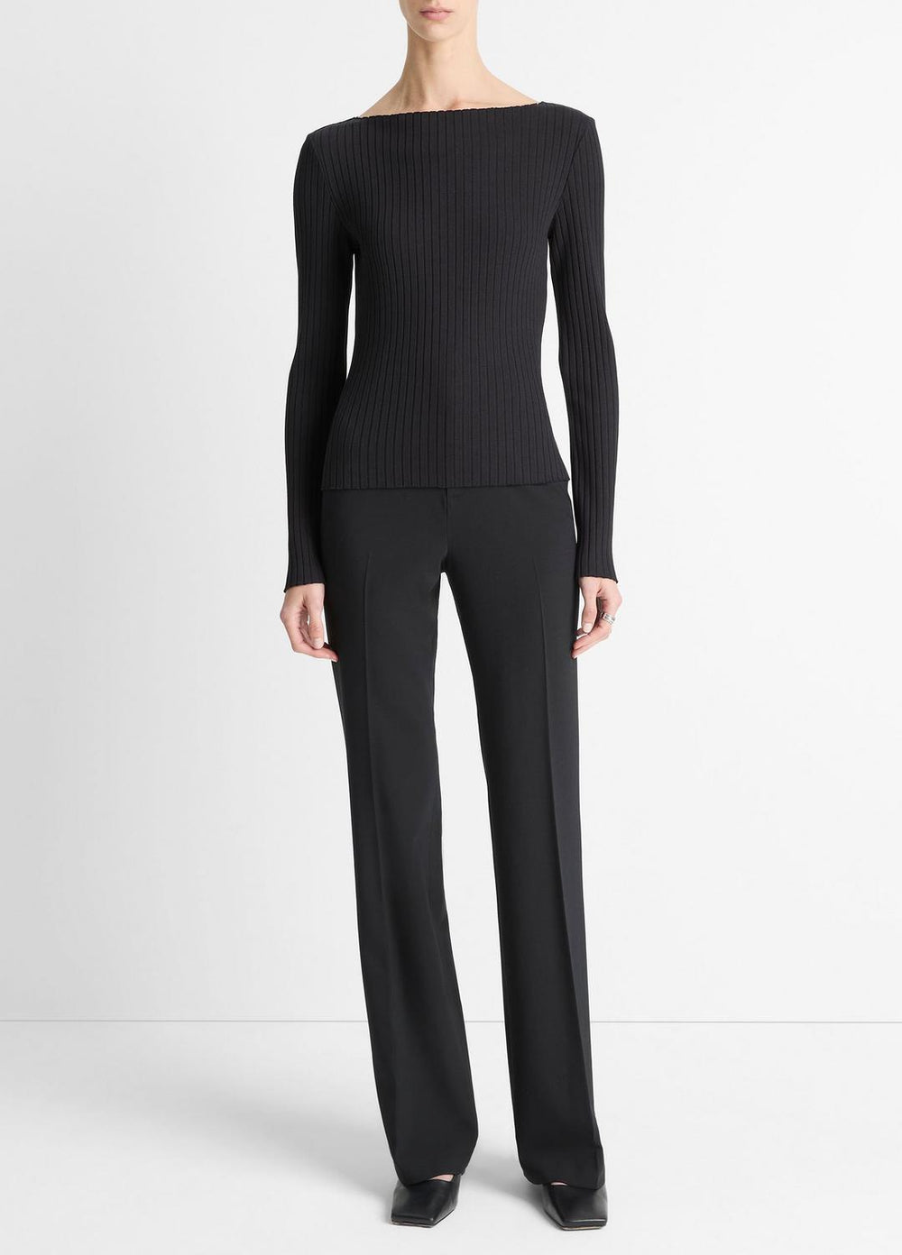 Ribbed Cotton-Blend Slash-Neck Long-Sleeve Top in Long Sleeve | Vince outlet