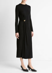Cinched-Waist Wool-Blend Long-Sleeve Dress in Dresses | Vince outlet