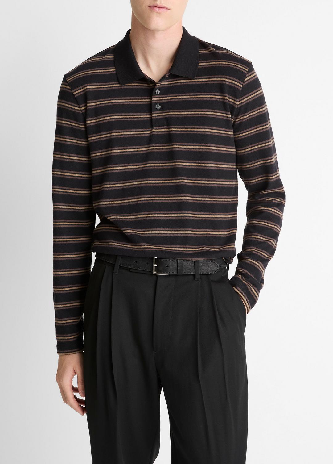 Striped Cotton-Blend Long-Sleeve Polo Shirt in Henleys & Polos | Vince US