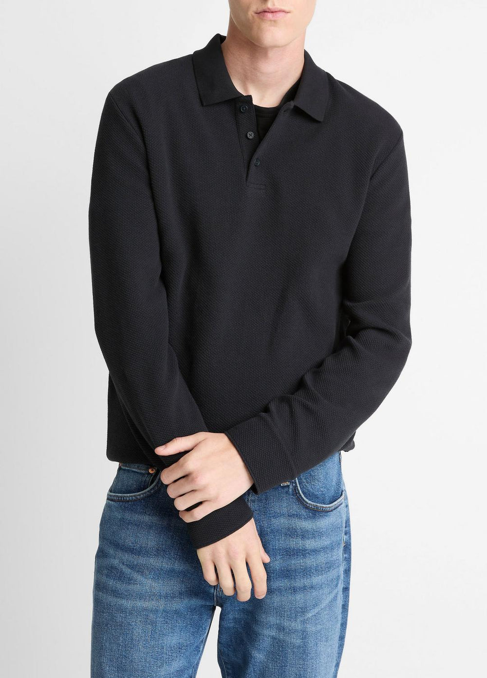 Basket-Weave Cotton Long-Sleeve Polo Shirt in Henleys & Polos | Vince US