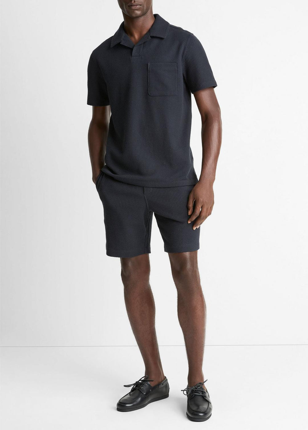 Seersucker-Knit Stretch-Cotton Short-Sleeve Johnny-Collar Shirt in Short Sleeve | Vince for sale